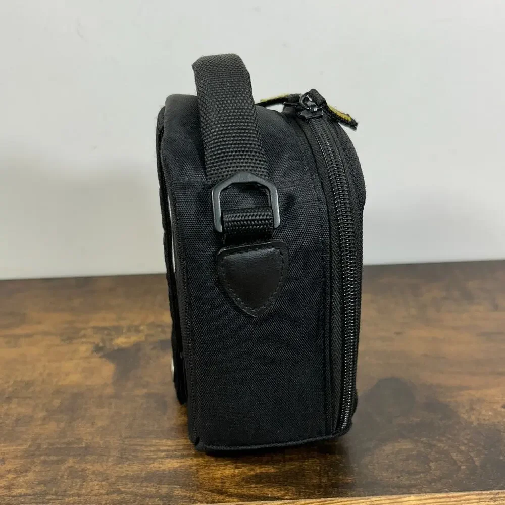 Case Logic Small Camera Bag 6” x 5” x 3” Black Yellow Belt carry Tilt Open